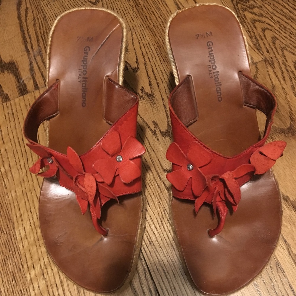 Red flower espadrille wedge sandals